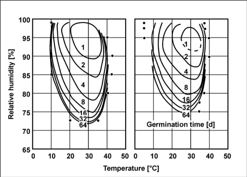 Relative humidity vs germination The function of the relative humidity (RH) and temperature as mould germination growth.